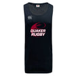 The Guilford College Tempo Vapodri Singlet by WRS Canterbury is a black recycled polyester sleeveless jersey with moisture-wicking technology, featuring the Canterbury logo and "Quaker Rugby" text and graphic in white and red on the front.