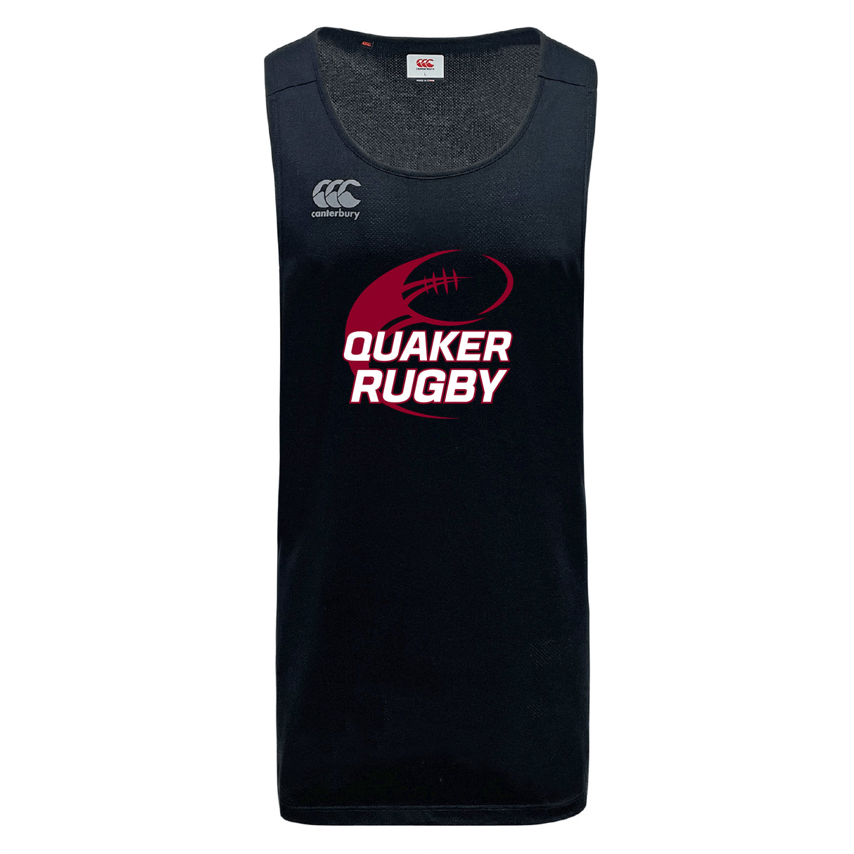 The Guilford College Tempo Vapodri Singlet by WRS Canterbury is a black recycled polyester sleeveless jersey with moisture-wicking technology, featuring the Canterbury logo and "Quaker Rugby" text and graphic in white and red on the front.