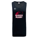 The Guilford College Tempo Vapodri Singlet by WRS Canterbury is a black recycled polyester sleeveless jersey with moisture-wicking technology, featuring the Canterbury logo and "Quaker Rugby" text and graphic in white and red on the front.