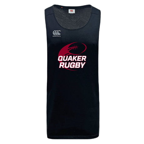 The Guilford College Tempo Vapodri Singlet by WRS Canterbury is a black recycled polyester sleeveless jersey with moisture-wicking technology, featuring the Canterbury logo and "Quaker Rugby" text and graphic in white and red on the front.