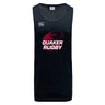 The Guilford College Tempo Vapodri Singlet by WRS Canterbury is a black recycled polyester sleeveless jersey with moisture-wicking technology, featuring the Canterbury logo and "Quaker Rugby" text and graphic in white and red on the front.
