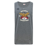 The Atlanta Old White Rugby Champs Tempo Vapodri Singlet by WRS Canterbury is a gray sleeveless shirt made from recycled polyester, featuring "National Champions 2025 OWRFC" and an eagle graphic on the front.