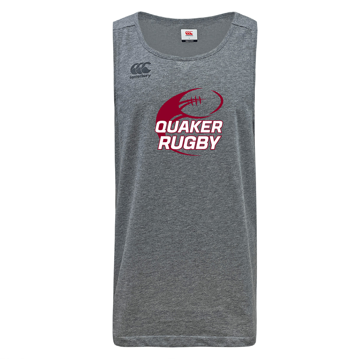 The Guilford College Tempo Vapodri Singlet by WRS Canterbury features "Quaker Rugby" and a maroon rugby ball graphic on gray, with the Canterbury logo on the left shoulder. Engineered for athletic comfort with moisture-wicking fabric.
