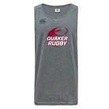 The Guilford College Tempo Vapodri Singlet by WRS Canterbury features "Quaker Rugby" and a maroon rugby ball graphic on gray, with the Canterbury logo on the left shoulder. Engineered for athletic comfort with moisture-wicking fabric.