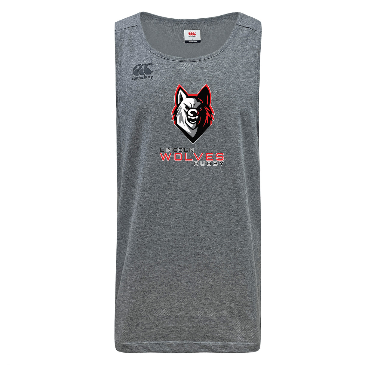 The Lincoln Wolves Tempo Vapodri Singlet by WRS Canterbury is a grey sleeveless top with a wolf logo and "Lincoln Wolves Rugby" on the front, made from recycled polyester for comfort and performance.