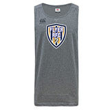 The Franklin County High School Rugby Tempo Vapodri Singlet by WRS Canterbury is a sleeveless gray athletic tank made from recycled polyester, with "FLYER RFC," a lion head on the chest, and a Canterbury logo on the upper left.