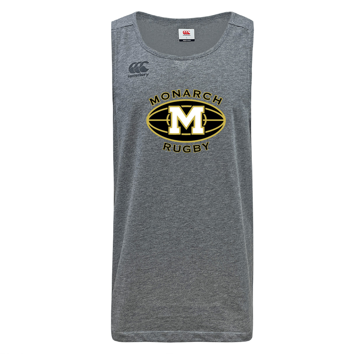 The Monarch Rugby Club Tempo Vapodri Singlet by WRS Canterbury is a gray sleeveless jersey made from recycled polyester, featuring black and gold "Monarch Rugby" details and the Canterbury logo on the front.