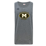 The Monarch Rugby Club Tempo Vapodri Singlet by WRS Canterbury is a gray sleeveless jersey made from recycled polyester, featuring black and gold "Monarch Rugby" details and the Canterbury logo on the front.