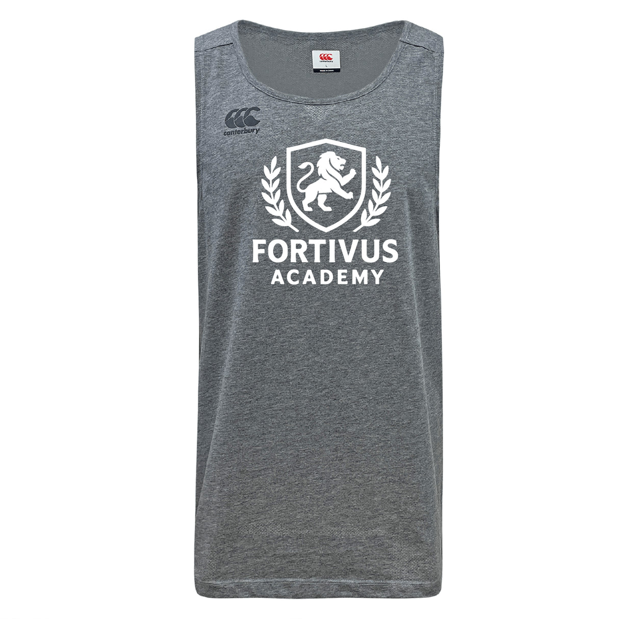 The Fortivus Academy Tempo Vapodri Singlet by WRS Canterbury is a gray sleeveless athletic shirt with “Fortivus Academy” and a lion crest in white, made from recycled polyester and featuring the Canterbury logo on the upper left chest.