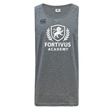 The Fortivus Academy Tempo Vapodri Singlet by WRS Canterbury is a gray sleeveless athletic shirt with “Fortivus Academy” and a lion crest in white, made from recycled polyester and featuring the Canterbury logo on the upper left chest.