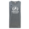 The Fortivus Academy Tempo Vapodri Singlet by WRS Canterbury is a gray sleeveless athletic shirt with “Fortivus Academy” and a lion crest in white, made from recycled polyester and featuring the Canterbury logo on the upper left chest.