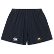 Navy Monarch Rugby Club Yokohama shorts by EMB Canterbury, featuring an elastic waistband, white Canterbury logo on the left leg, and gold/black club logo on the right—durable rugby wear perfect for play.