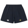 Navy Monarch Rugby Club Yokohama shorts by EMB Canterbury, featuring an elastic waistband, white Canterbury logo on the left leg, and gold/black club logo on the right—durable rugby wear perfect for play.
