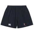 The Lincoln Wolves Yokohama Short by EMB Canterbury features an elastic waistband, a white Canterbury logo on the left leg, and a red and white wolf mascot on the right, all in navy lightweight durable fabric for comfort on or off the field.