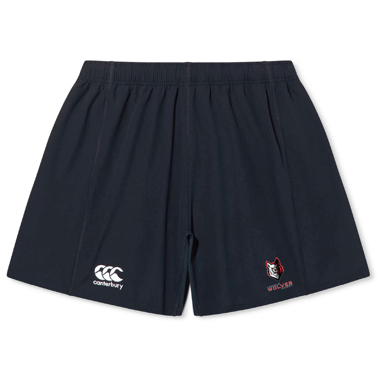 The Lincoln Wolves Yokohama Short by EMB Canterbury features an elastic waistband, a white Canterbury logo on the left leg, and a red and white wolf mascot on the right, all in navy lightweight durable fabric for comfort on or off the field.
