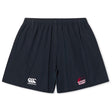The EMB Canterbury Guilford College Yokohama Short features black fabric, a Canterbury logo on the left leg, and a Quaker Rugby logo on the right, styled in the classic Yokohama design.