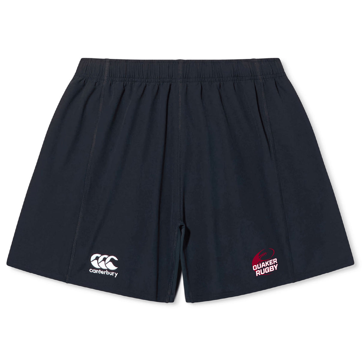 The EMB Canterbury Guilford College Yokohama Short features black fabric, a Canterbury logo on the left leg, and a Quaker Rugby logo on the right, styled in the classic Yokohama design.