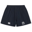 The Fortivus Academy Yokohama Short by EMB Canterbury features navy blue fabric, an elastic waistband, the Canterbury logo on the left leg, and the Fortivus Academy emblem on the right—ideal for training or match day.