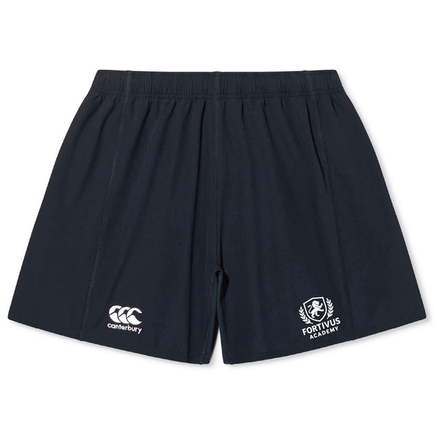 The Fortivus Academy Yokohama Short by EMB Canterbury features navy blue fabric, an elastic waistband, the Canterbury logo on the left leg, and the Fortivus Academy emblem on the right—ideal for training or match day.
