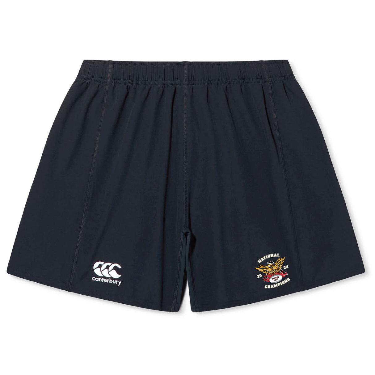 The Atlanta Old White Rugby Champs Yokohama Short by EMB Canterbury features a navy blue classic rugby style, elastic waistband, iconic logo on the left, and "National Champions" emblem on the right leg.