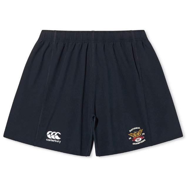 The Atlanta Old White Rugby Champs Yokohama Short by EMB Canterbury features a navy blue classic rugby style, elastic waistband, iconic logo on the left, and "National Champions" emblem on the right leg.