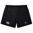 The Lincoln Wolves Women's Yokohama Short by EMB Canterbury is shown laid flat on a white background, featuring a red wolf head "WOLVES" logo and durable Vapodri fabric for comfort and performance.