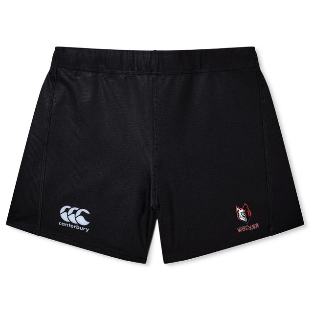The Lincoln Wolves Women's Yokohama Short by EMB Canterbury is shown laid flat on a white background, featuring a red wolf head "WOLVES" logo and durable Vapodri fabric for comfort and performance.