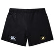 The Monarch Rugby Club Women's Yokohama Short by EMB Canterbury features Vapodri fabric, a black design, a Canterbury logo on the left leg, and an oval M logo on the right leg.