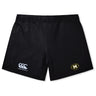 The Monarch Rugby Club Women's Yokohama Short by EMB Canterbury features Vapodri fabric, a black design, a Canterbury logo on the left leg, and an oval M logo on the right leg.