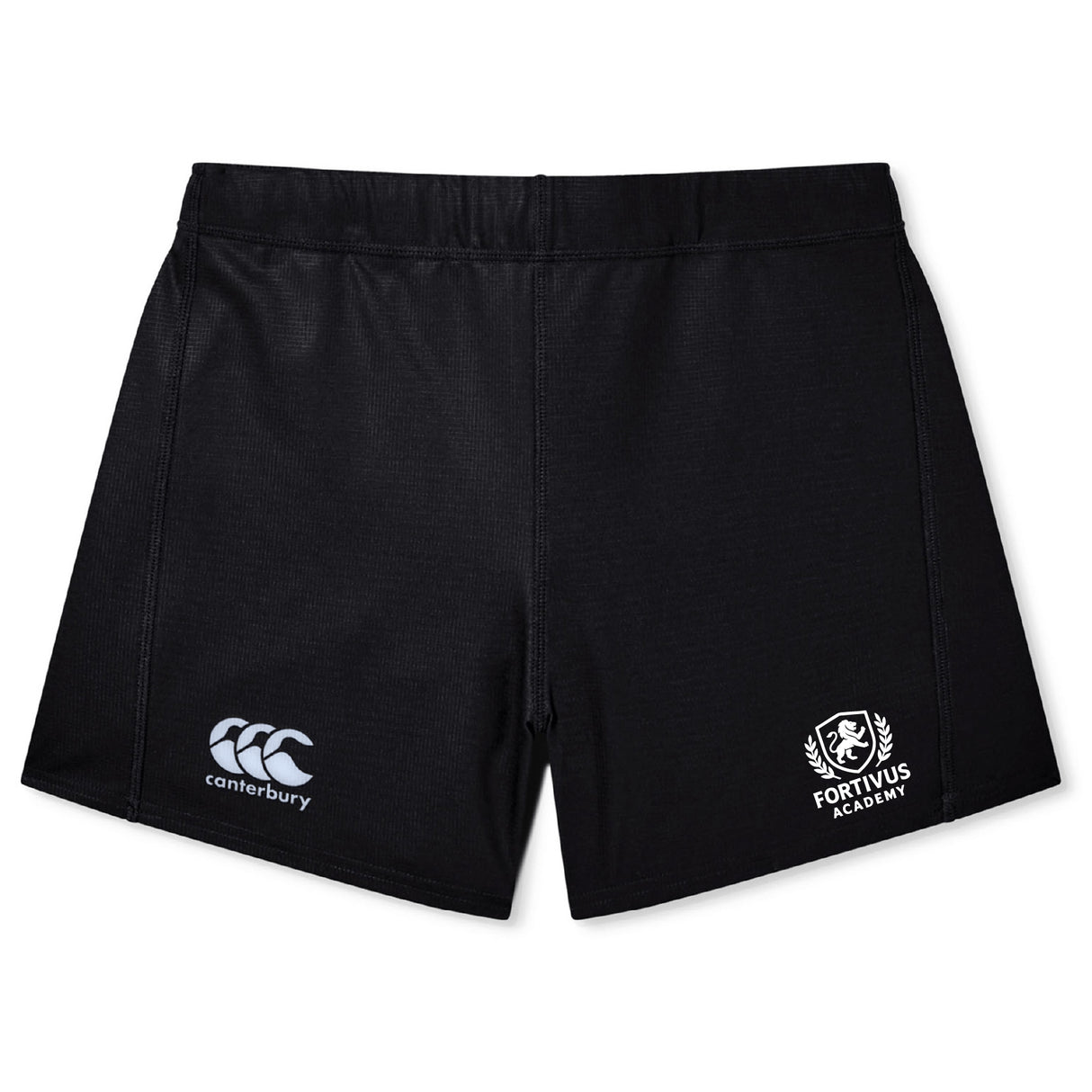 The Fortivus Academy Women's Yokohama Short by EMB Canterbury features the "Canterbury" logo on the left leg and "Fortius Academy" logo on the right, displayed in black on a plain white background.