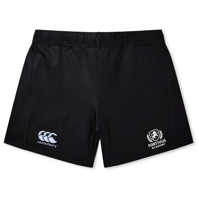 The Fortivus Academy Women's Yokohama Short by EMB Canterbury features the "Canterbury" logo on the left leg and "Fortius Academy" logo on the right, displayed in black on a plain white background.
