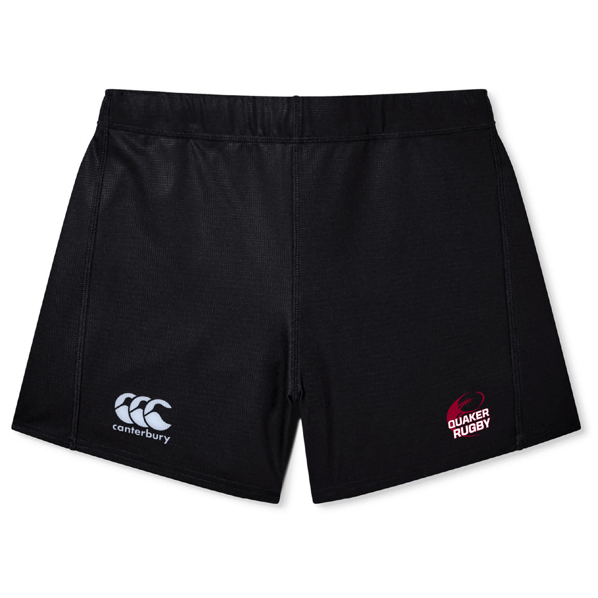 The Guilford College Women's Yokohama Short by EMB Canterbury features the iconic logo on the left leg and Quaker Rugby logo on the right, styled like the classic Yokohama short and shown against a white background.