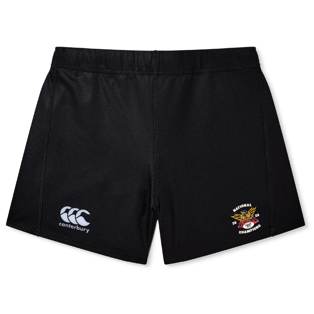 The Atlanta Old White Rugby Champs Women's Yokohama Short by EMB Canterbury features the iconic logo on the left leg and a National Champions tiger emblem on the right—ideal for women's rugby training and matches.