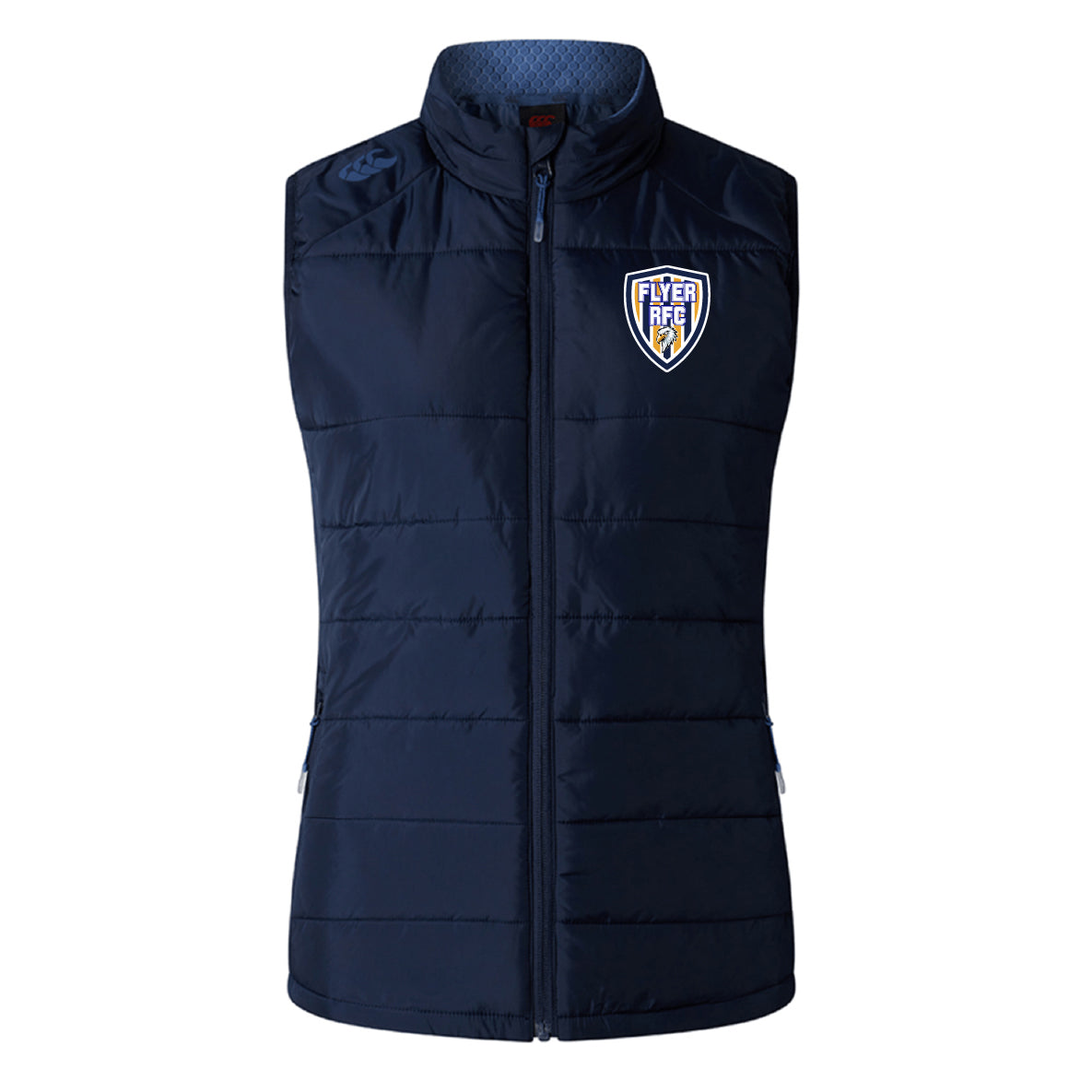 Franklin County High School Rugby Women's Elite Microlite Gilet by EMB Canterbury: navy blue, sleeveless, zip-up front for warmth and style, featuring a "Flyer Fire" logo on the left chest.