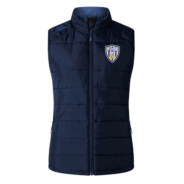 Franklin County High School Rugby Women's Elite Microlite Gilet by EMB Canterbury: navy blue, sleeveless, zip-up front for warmth and style, featuring a "Flyer Fire" logo on the left chest.