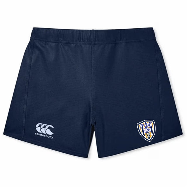 The Franklin County High School Rugby Women's Elite Woven Short by EMB Canterbury is navy blue with zippered pockets, a white Canterbury logo on the left leg, and a Flyer RFC shield logo on the right leg.