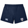 The Franklin County High School Rugby Women's Elite Woven Short by EMB Canterbury is navy blue with zippered pockets, a white Canterbury logo on the left leg, and a Flyer RFC shield logo on the right leg.