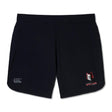 The Lincoln Wolves Elite Woven Short by EMB Canterbury features a small white and red wolf logo with "Wolves Rugby" on the right leg, a grey logo on the left, plus zippered pockets—ideal for training.