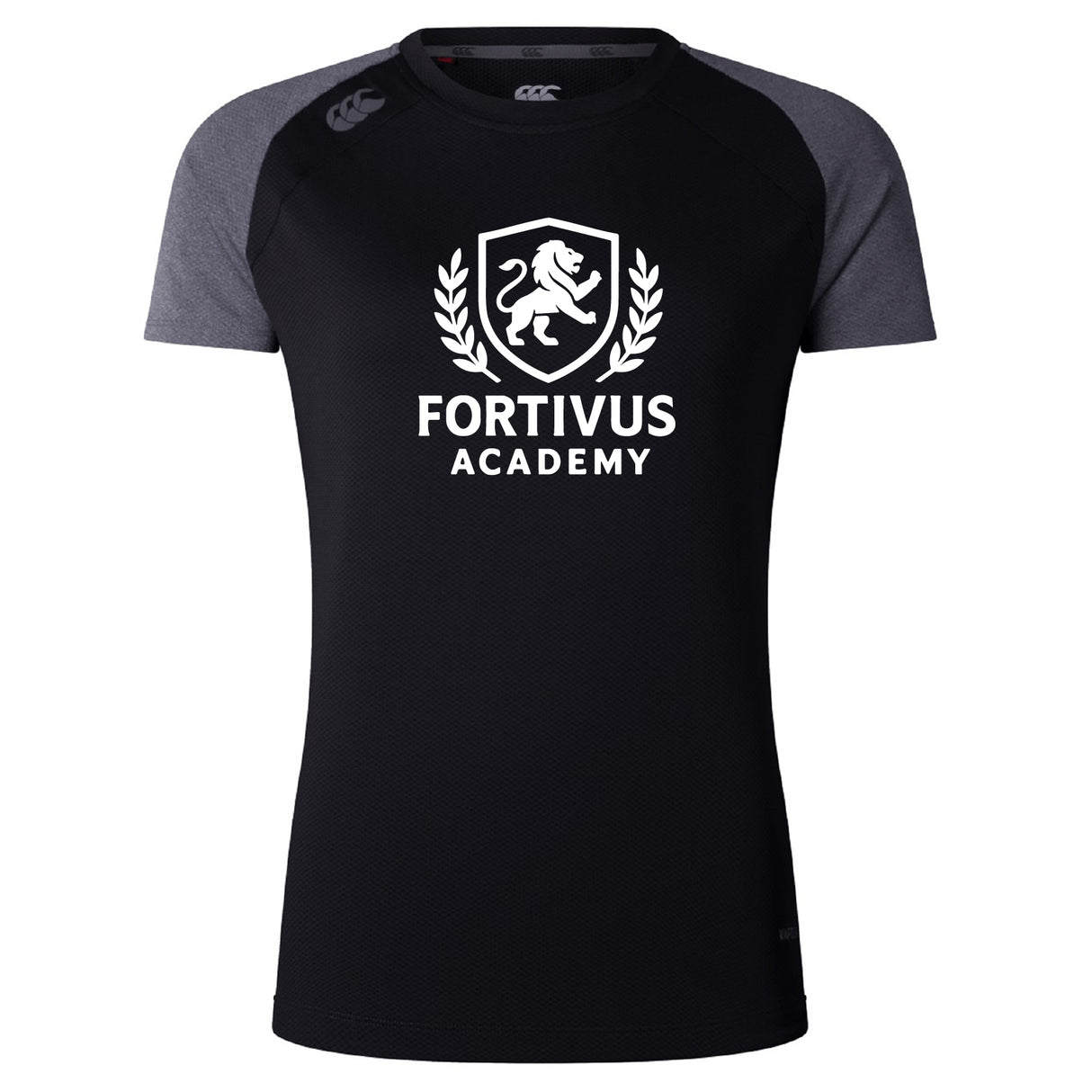 The Fortivus Academy Women's Elite Training Tee by WRS Canterbury is a black lightweight workout shirt with dark gray sleeves, a lion crest, and "Fortivus Academy" text—ideal for women’s elite athletic pursuits.