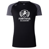 The Fortivus Academy Women's Elite Training Tee by WRS Canterbury is a black lightweight workout shirt with dark gray sleeves, a lion crest, and "Fortivus Academy" text—ideal for women’s elite athletic pursuits.