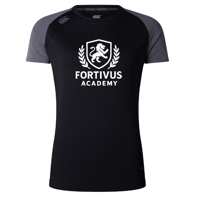 The Fortivus Academy Women's Elite Training Tee by WRS Canterbury is a black lightweight workout shirt with dark gray sleeves, a lion crest, and "Fortivus Academy" text—ideal for women’s elite athletic pursuits.