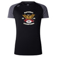 The WRS Canterbury Atlanta Old White Rugby Champs Women's Elite Training Tee features black and grey short sleeves, a breathable design, a phoenix logo, "National Champions 2025," and "OWRFC 1974" on the front.
