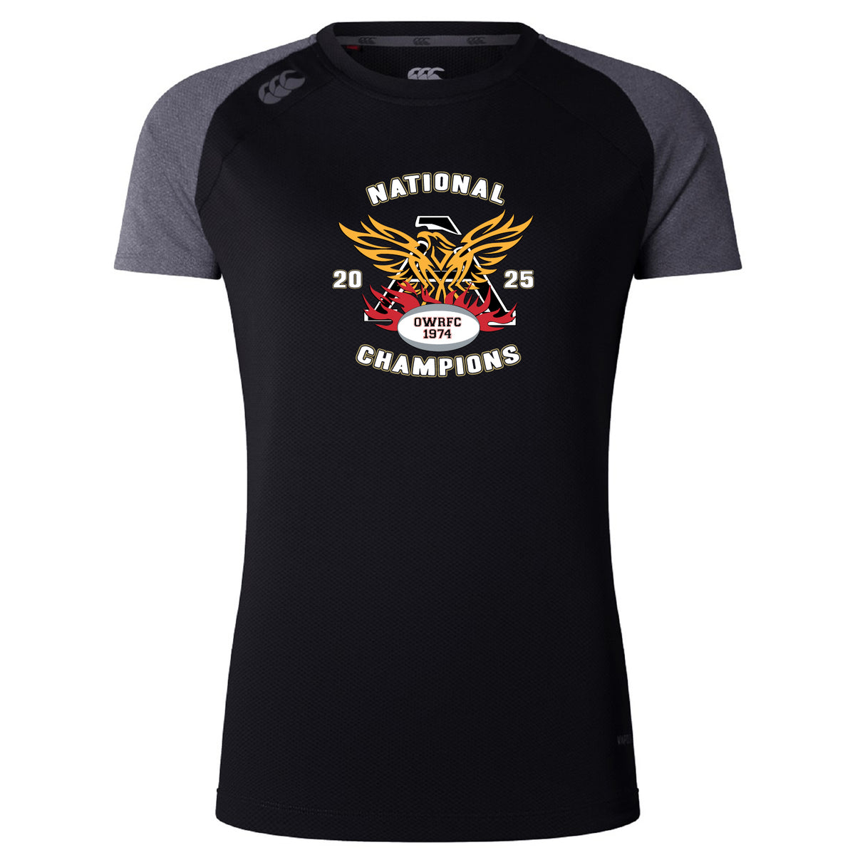 The WRS Canterbury Atlanta Old White Rugby Champs Women's Elite Training Tee features black and grey short sleeves, a breathable design, a phoenix logo, "National Champions 2025," and "OWRFC 1974" on the front.