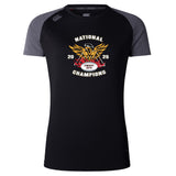 The WRS Canterbury Atlanta Old White Rugby Champs Women's Elite Training Tee features black and grey short sleeves, a breathable design, a phoenix logo, "National Champions 2025," and "OWRFC 1974" on the front.