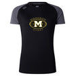 The Monarch Rugby Club Women's Elite Training Tee by WRS Canterbury features a black and gray design with "Monarch Rugby" and a gold "M" logo—perfect for women’s intense training sessions.