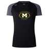 The Monarch Rugby Club Women's Elite Training Tee by WRS Canterbury features a black and gray design with "Monarch Rugby" and a gold "M" logo—perfect for women’s intense training sessions.