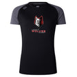 The Lincoln Wolves Women's Elite Training Tee by WRS Canterbury is a black, lightweight shirt with dark gray sleeves, a wolf head logo, and "Lincoln Wolves Rugby" on the front—ideal as a moisture-wicking top for practice or game days.