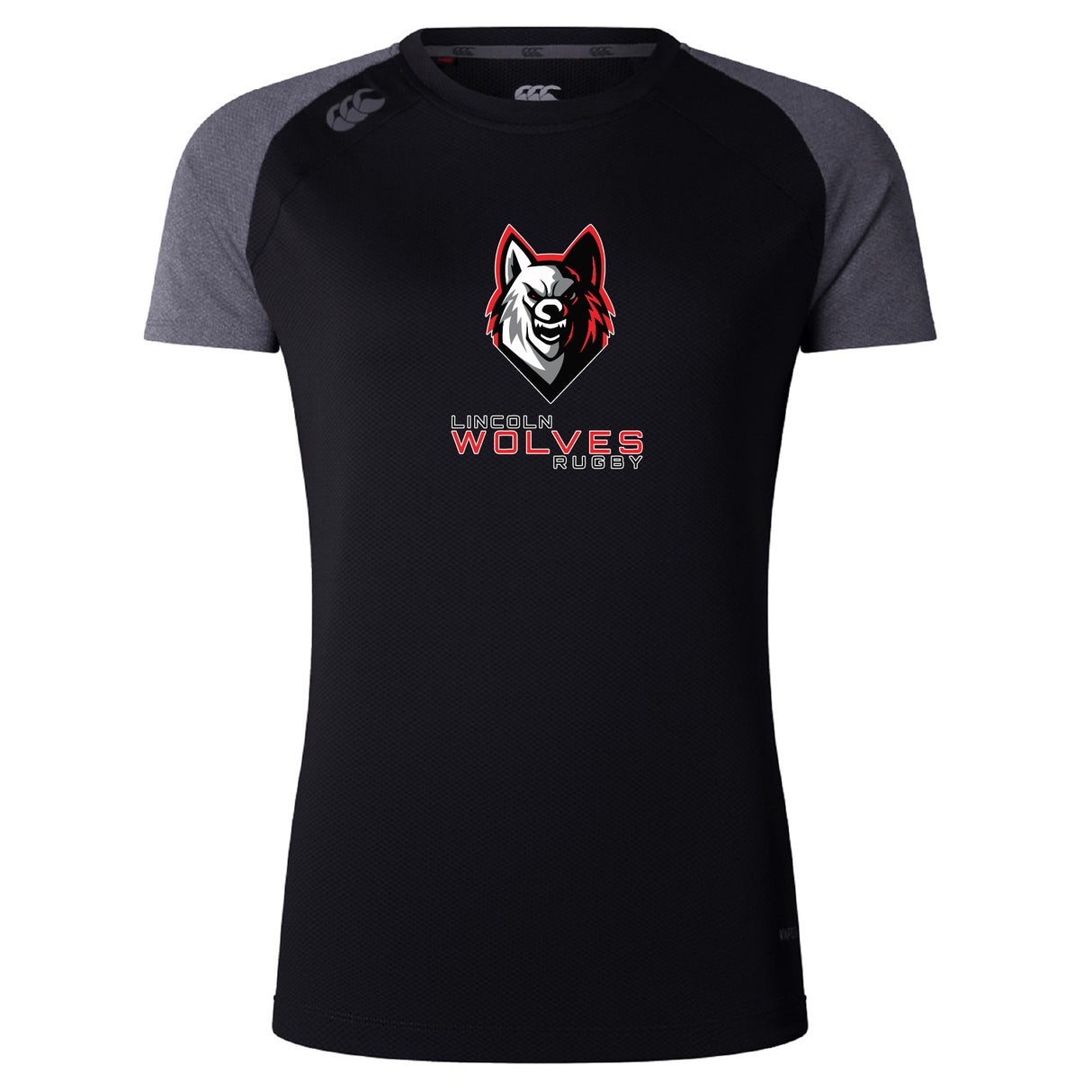 The Lincoln Wolves Women's Elite Training Tee by WRS Canterbury is a black, lightweight shirt with dark gray sleeves, a wolf head logo, and "Lincoln Wolves Rugby" on the front—ideal as a moisture-wicking top for practice or game days.