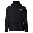 The Guilford College Elite Storm Jacket by Canterbury is a black, breathable hooded jacket featuring the Quaker Rugby logo on the chest and an EMB Canterbury logo on the right shoulder.