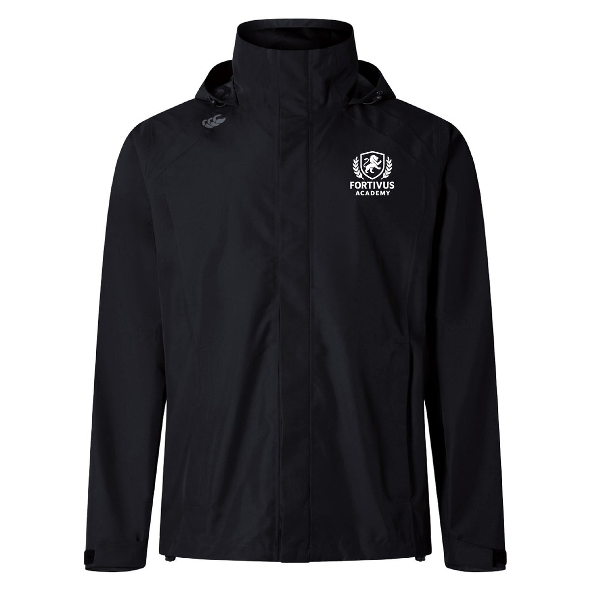 The Fortivus Academy Elite Storm Jacket by EMB Canterbury is a breathable black jacket featuring the Fortivus Academy logo in white on the left chest and a small white Canterbury logo on the right shoulder.